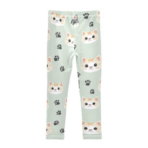 Girls Leggings Cute Cats Paw Print Cyan Kids Length Leggings Pants Athletic Yoga Pants Toddler Tights Trousers 4T2