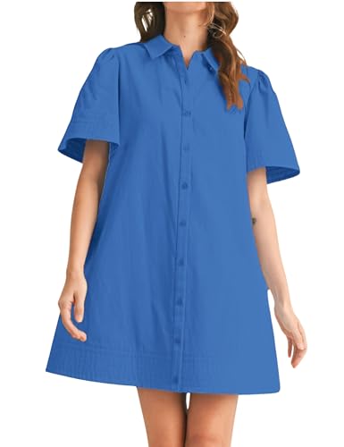 Image of Womens Short Sleeve Button Down Mini Shirt Dress Lapel Collar Short Dresses with Pocket