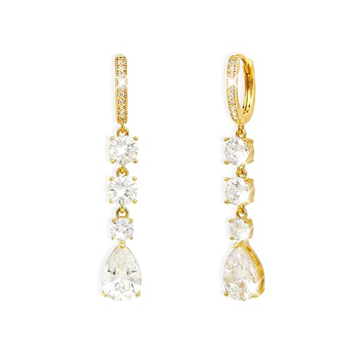Sonateomber Gold Teardrop Dangle Small Hoop Earrings for Women Trendy Sparkly 14K Gold Plated CZ Rhinestone Bridal Dangling Earing Prom Wedding Accessories Fashion Jewelry Gift