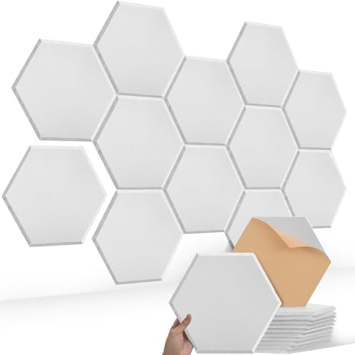 Mgood Paneles Acústicos Decorativos Autoadhesivos 12 Piezas Hexagonales Paneles Acústicos Insonorización para Tratamiento Acústico en Estudio, Hogar, Oficina y Decoración de Pared, Blanco(30x26x0,9cm)