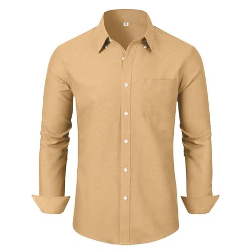 Grade 3.5 Wrinkle-Resistant Men's Lightweight Oxford Dress Shirts Long Sleeve Business Casual Pocket Shirt X-Small 00116_brown Yellow