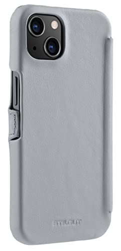 Coque iPhone 13 Mini StilGut étui cuir véritable rabat latéral et fermoir gris - 5