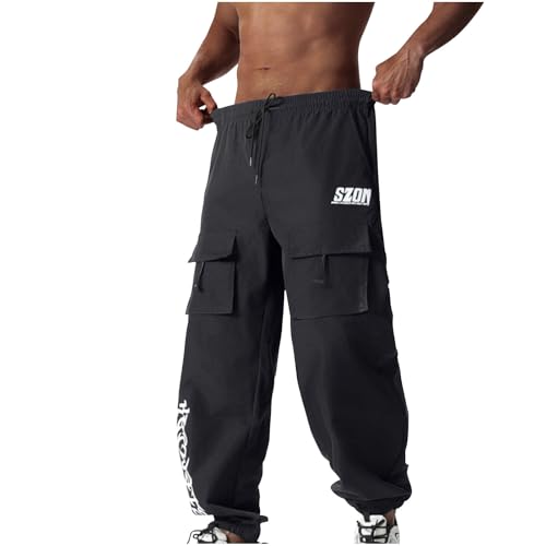 Men's Drawstring Cargo Pants Solid Color Elastic Waist Workwear Pants Multi Pocket Athletic Leisure Trousers Loose4
