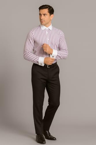 Image of Men's Premium Cotton Formal Dress Shirt - White Collar & French Cuffs with Cufflinks | Solid White, Micro Check & Striped for Office, Wedding