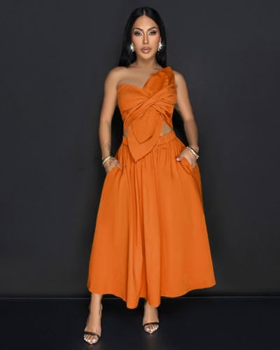 Image of YUEWOO Midi Dresses for Women Casual Summer Sundresses Vacation Outfits Spaghetti Strap Smocked Women Maxi Dress with Pockets