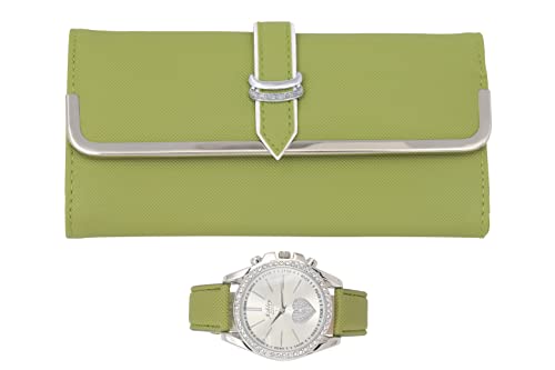 Ashley Princess Women's Easy Reader Colorful Watch Matching with Perfect Colorful Wallet which Holds Smartphone, Credit Cards, Cash & Change Organized - ST10038 Olive Green