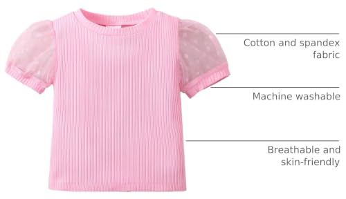 Image of OPAWO Toddler Girl Shirts, Puff Dot Sleeve Baby Tee Shirt, Ribbed Short Sleeve T-Shirt, Solid Color Girls Tshirt Tops, 12M-7Y