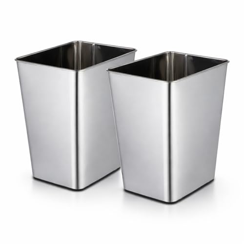 Home Zone Living 3 Gallon Rectangular Open Top Wastebasket, Stainless Steel, Matte Silver, 2 Pack with Trash Bags