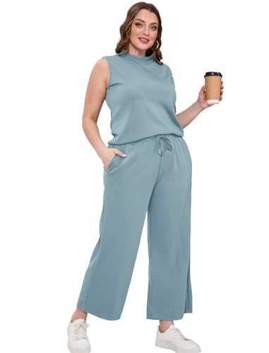 Image of SAMPEEL Two Piece Sets for Women Summer Outfits Lounge Sets Mock Neck Tops Wide Leg Crop Pants Vacation Travel Outfits