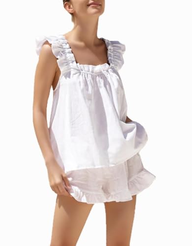 Womens Summer 2 Piece Set Fashion Ruffle Trim Cami and Casual Shorts Set Cotton Pajama Sets