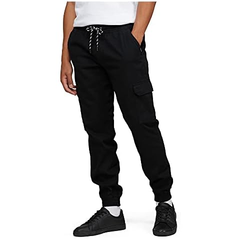 Mens Stretch Twill Comfort Fit Elastic Waist Cargo Jogger Pants Black Medium Cover