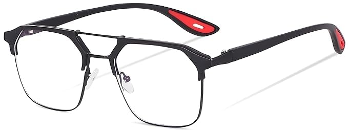 Image of Black Jones Half-Rim Aviator Eyeglasses Frame, Grey and Orange, Metal and Plastic, Double Bridge, Clear Lens