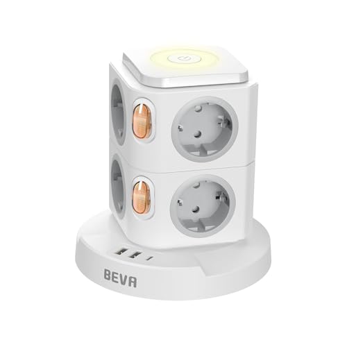 BEVA Regleta Enchufes Vertical, Ladron Enchufes con Luz Nocturna Regulable y Protección contra Sobrecargas, Torre Enchufes de 8 Tomas Corrientes y 3 Rápida USB Tomas, 2500W/10A, 2M Cable