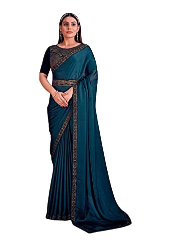 Sari 3862 en satin de soie unie bleu sarcelle de 6.25m avec ceinture