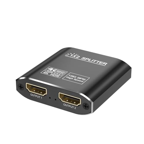 HDMI Splitter 1 in 2 Out-HDCP 2.2 18Gbps 4K@60Hz HDR10 Splitter for Dual Monitors Support EDID Management for Laptops/PS5/X Box/TV/Roku/PC/Monitor(1 Source to 2 Displays)