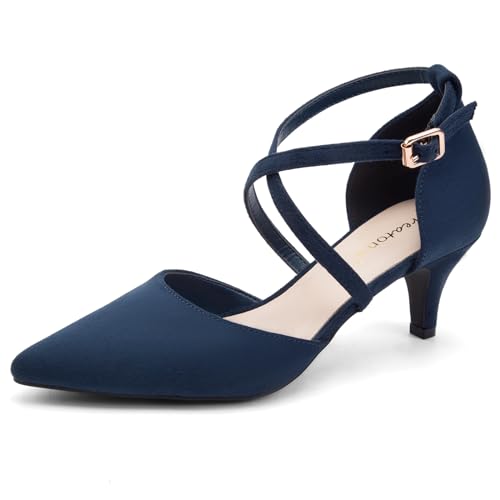 Greatonu Damen Pumps mit Schnürsenkel Kitten Heel Pointed Toe Blau Größe 40 EU