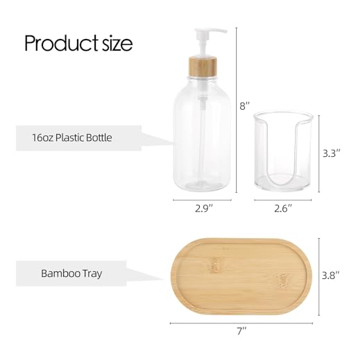 Image of Mouthwash Dispenser with Cup Holder, Plastic Mouth Wash Pump Bottle with Tray for Bathroom Organizers, 17oz Refillable Clear Mouthwash Container - Bamboo