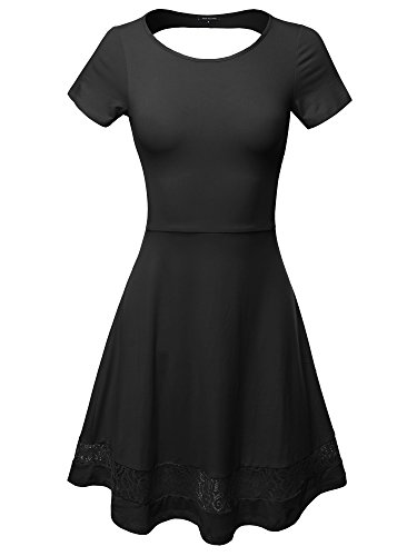 Casual Cut Off Back with Lace Trim Short Sleeve Flare Dress Black M