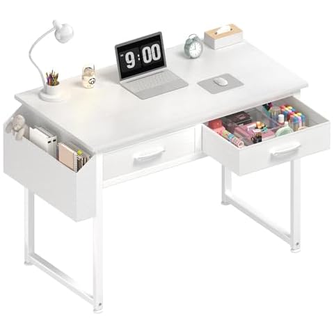 DLisiting White Small Desk with Fabric Drawers - 32 Inch Vanity Desk with Storage Drawer and Bag for Bedroom, Study Writing Table for Small Spaces, White Cover