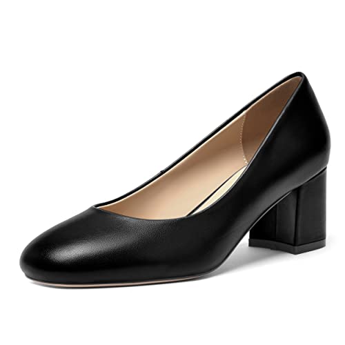 FOGEENA Womens Casual Matte Leather Round Toe Office Comfortable Slip On Chunky Low Heel Pumps Dressy Shoes 2.2 Inch