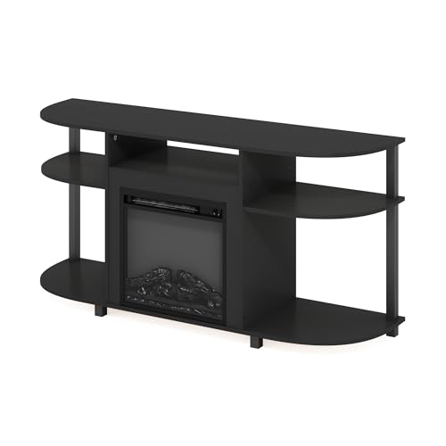 Image of Furinno Jensen Fireplace TV Stand, Curved Entertainment Center, TV Console for TV up to 55 Inch with Fireplace and Open Storage, for Living Room, Bedroom, Americano