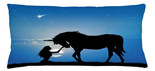 Lunarable Horse Throw Pillow Cushion Cover, Unicorn and Girl at Night Mythological Fantasy Creature Horse, Decorative Rectangle Accent Pillow Case, 36
