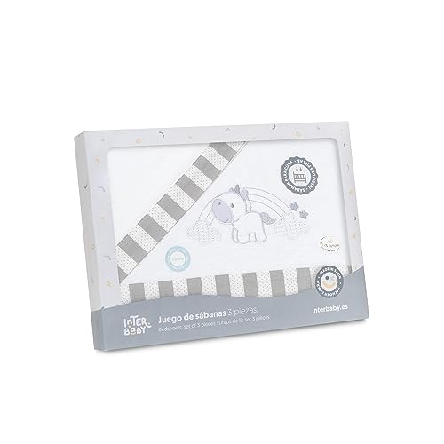 Juego de Sábanas de Cuna de FRANELA Unicornio Nubes en blanco y gris· 100% Algodón · 3 piezas