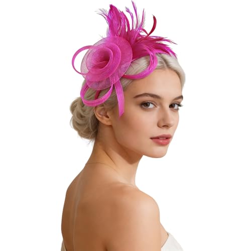 Fascinator for Women Floral Mesh Wedding Guest & Tea Party Headpiece Detachable Feather Hair Clip & Headband Gift Ready Womens Accessor (Hot pink)