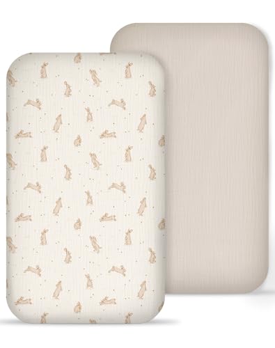 Image of Muslin Bedside Bassinet Sheets 2 Pack, 33x20 Fitted Ultra Soft & Breathable Bedside Sleeper Sheets, Ideal for Baby Girl and Boy, Perfect for Newborns (Hopping Bunnies & Beige)