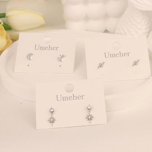 6 Pcs/6 Pairs Hypoallergenic 925 Sterling Silver Stud Post 14K Gold Earrings for Women Moon Star Hoop Stackable Cubic Zirconia Chain Dangle Earring Set Stacks for Multiple Piercings4