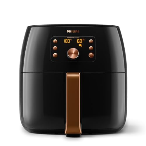 Philips Airfryer XXL mit Rapid Air Technologie - Heißluftfritteuse mit 7,3L Kapazität, 90% weniger Fett, Smart Sensing für Perfekte Ergebnisse, QuickClean, Rezept-App, Schwarz/Kupfer (HD9867/90)