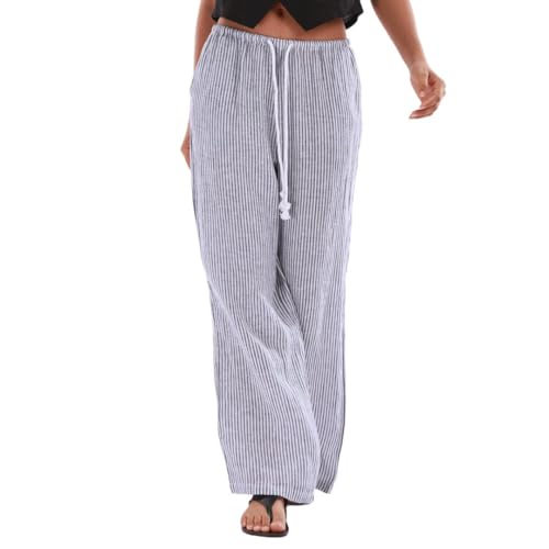 Amazhiyu Women's 100% Linen Striped Drawstring Wide Leg Pants Navy, L — Amazon listing image