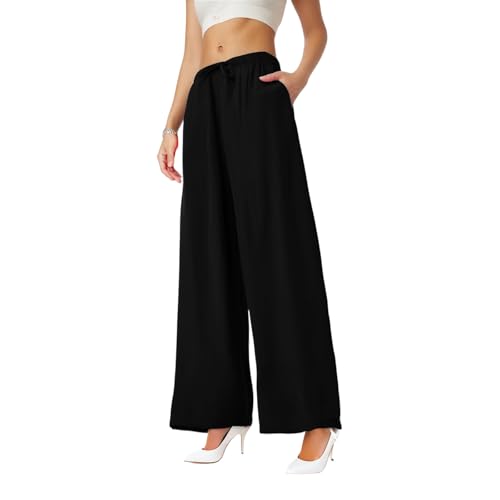 Women's Summer Elastic Waist Wide Leg Pants 2025 Solid Color Cotton Linen Lounge Flowy Long Trousers