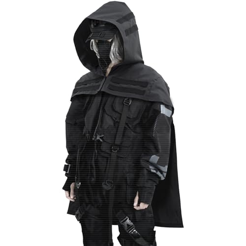 CosInStyle Ghost Grim Reaper Azrael Cosplay Cape Techwear Cape Poncho With Hoode Gothic Hooded Cape For Halloween Unisex Cosplay Costume Dress Up Daily Wear (Small-Medium)