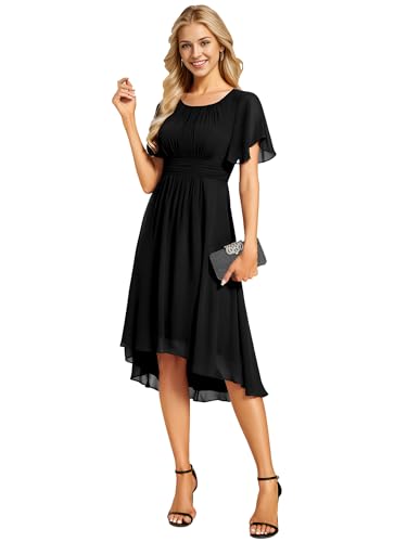 Ever-Pretty Abito Cerimonia Donna Maniche a Volant Chiffon Pieghe al Ginocchio Abito da Sera Elegante Nero 48