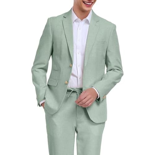 Linen Mens Suit 2 Piece Retro Suits for Men Slim Fit Blazer Jackets Drawstring Pants Set Tux Summer Beach Wedding Outfit