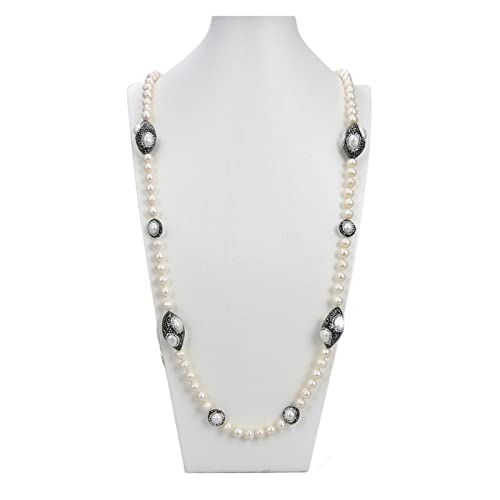 Jewelry 38inch 8-9mm White Pearl Black Crystal Pave Long Necklace for Women