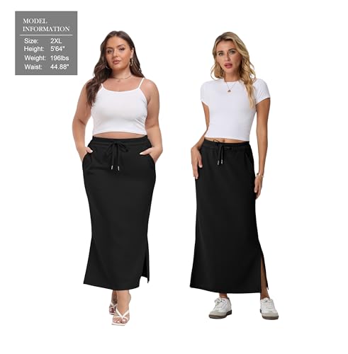 Image of Lepunuo Women's High Waisted Sweat Maxi Skirt with Pockets Slit | Ultra Soft Sweat Fabric, High Waist Drawstring, Deep Phone Pockets, Side Slit for Movement, Ideal for Lounge Travel