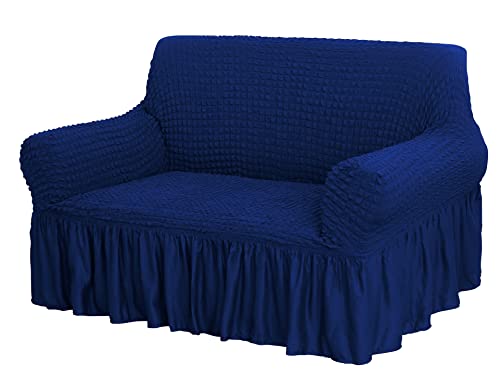 Image of House of Quirk Turkish Bubble Frill 280 GSM Sofa Slipcovers, Durable Washable Universal Double Seater High Elastic Furniture Protector (Navy, 145-185cm)