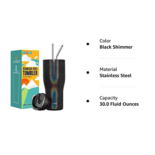 Civago 30 Oz Insulated Tumbler With Straw And Lid, Stainless Steel Travel Coffee Mug Cup, Double Wall Vacuum Water Bottle, Black Glitter #TOP6