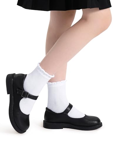 KEREDA 6 Pairs Girls White School Socks Cotton Soft Kids Seamless Toe Plain 8-10 Years