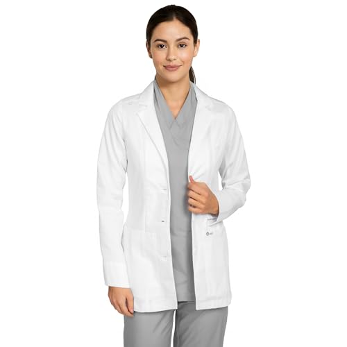 B-well Livia Damen Arztkittel kurz Weiß – Medizinischer Laborkittel mit Reverskragen, Langarm, 3 Taschen, Knopfleiste – Pflege & Klinik Berufskleidung