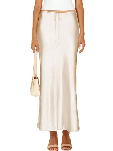 Skrtimory Womens Satin Silk Maxi Skirts Drawstring Flared Casual A-Line Long Skirt for Women Cream