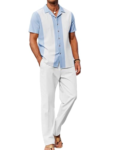 Image of COOFANDY Men 2 Piece Linen Outfit Beach Button Down Shirt Casual Loose Pant Sets