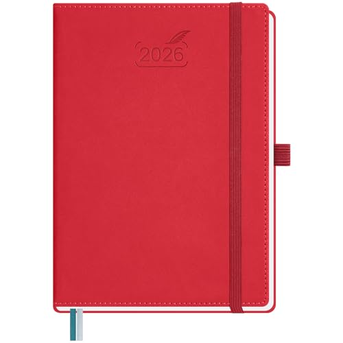 BEZEND Kalender 2026 Buchkalender A5 1 Woche 2 Seiten | Terminplaner 2026 Wochenplaner mit 100 g/m² Papier & Monats-Register | Planer & Terminkalender mit PU-Leder Hardcover - Rot