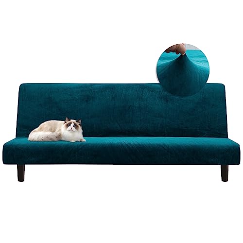 Futon Cover Stretch Armless Sofa Cover Futon Couch Slipcover Velvet Anti-Slip Sofa Bed Slipcover Full Folding Furniture Protector with Elastic Bottom,Velvet#Flange Green