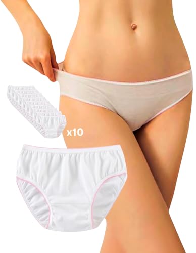 goMinisan Slip Donna, 10 Mutande confezionate singolarmente, 100% Cotone, monouso, USA e Getta, per Ospedale, maternità, Post Parto, Mutandine Gestante (IT, Testo, XL, Regular, Regular, Bianco)