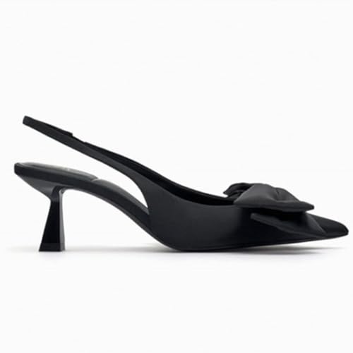 Black Heels with Bow Pumps for Women Stiletto Heel Satin Slingback Spring Shoes4