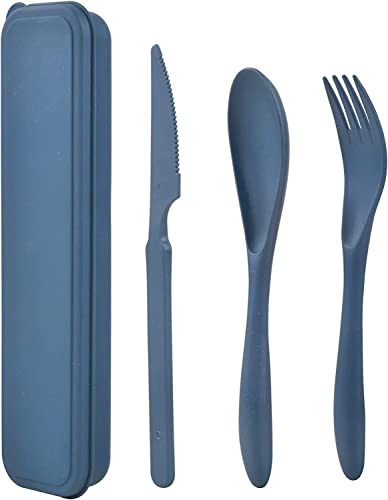 Travel Utensils with Case,1 Set Wheat Straw Utensils Sets, Portable Cutlery Spoon Knife Fork Tableware Set with Case for Adults Travel Picnic Camping Utensils (Blue)