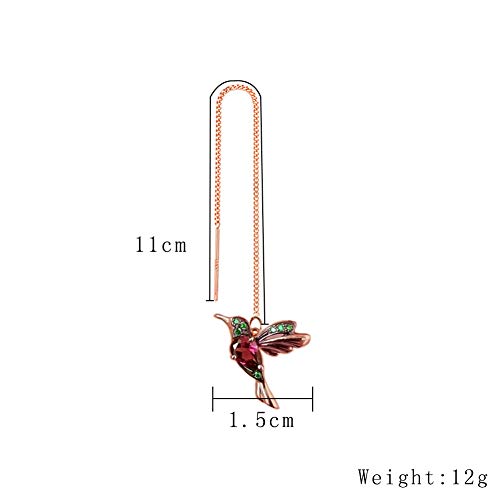 2 Pairs/Set Hummingbird Cute Birds Rhinestone Long Tassel Colorful Stud Drop Dangle Chain Metal Earrings Crystal Rhinestone for Women Girl Dainty Elegant Threader Earrings-Red Rose Gold3